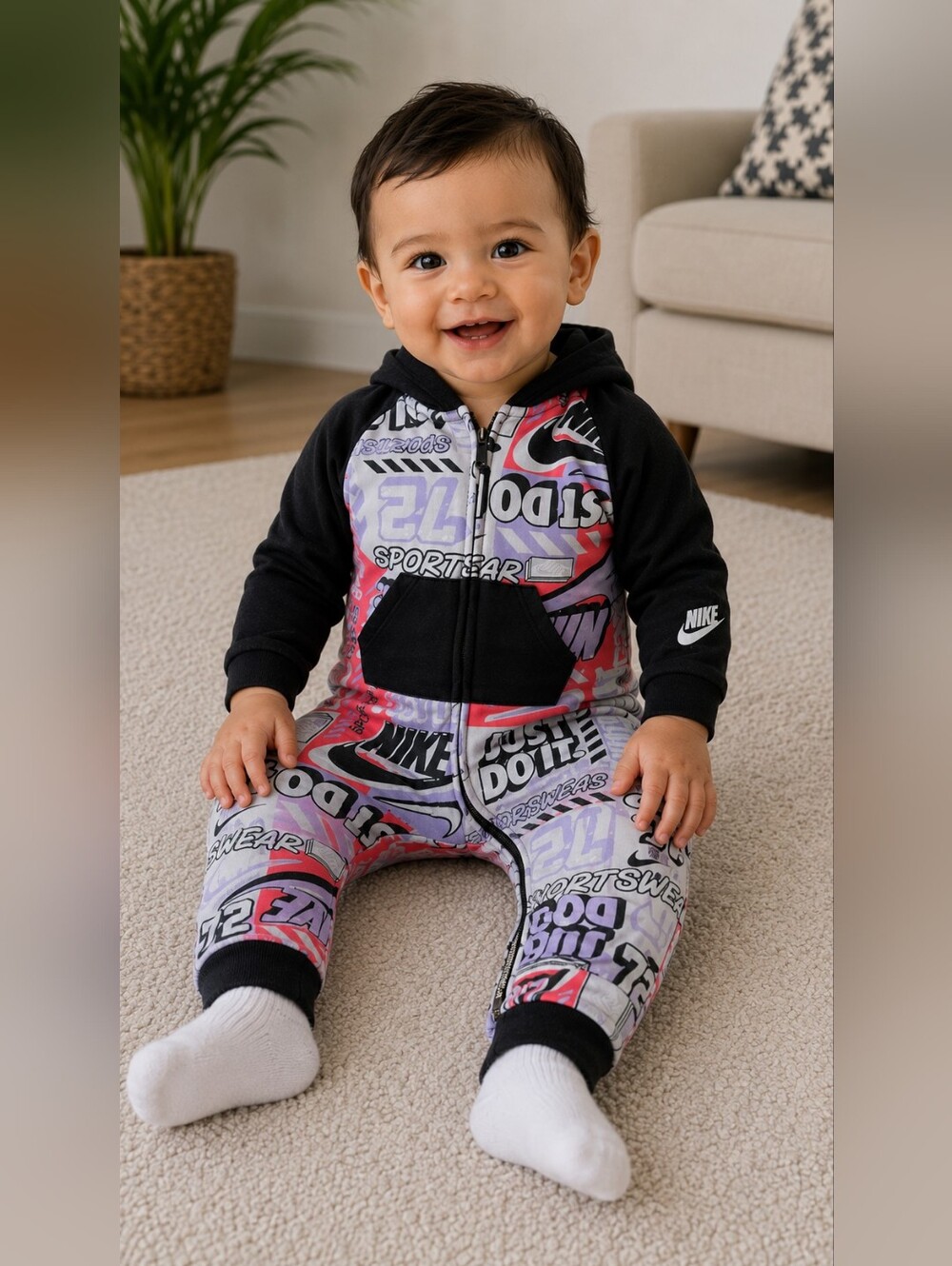 Nike Baby Boy Hooded One Piece Jumpsuit 12M Just Do It Zip Romper